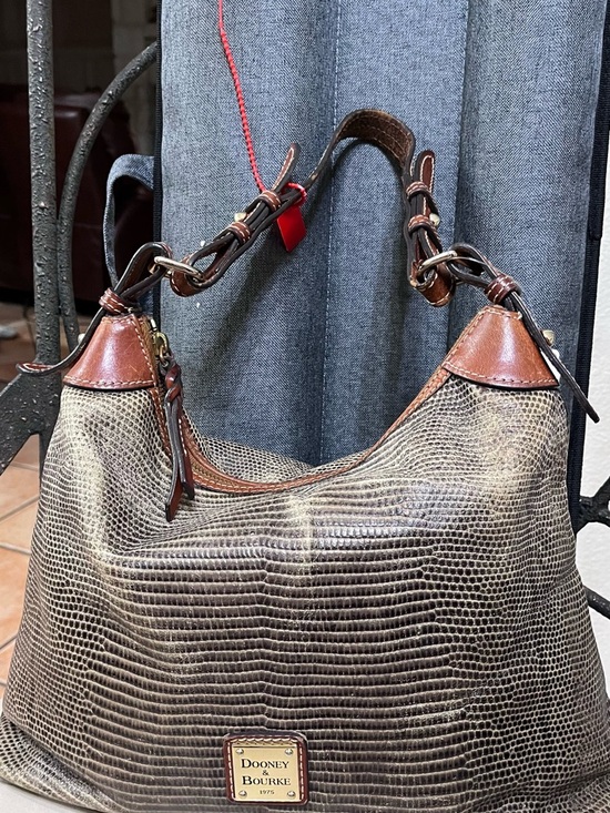 Dooney & Bourke Handbags - Dooney & Bourke Brown Lizard-Embossed Shoulder Hobo with Tan Trim; 

Corner wear